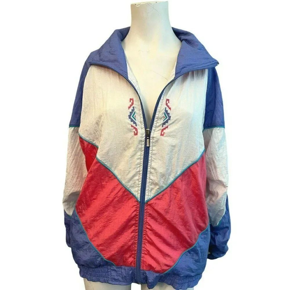 Vtg Medium Multicolor Lined Windbreaker Jacket Color Block Tribal Pink Teal Blue